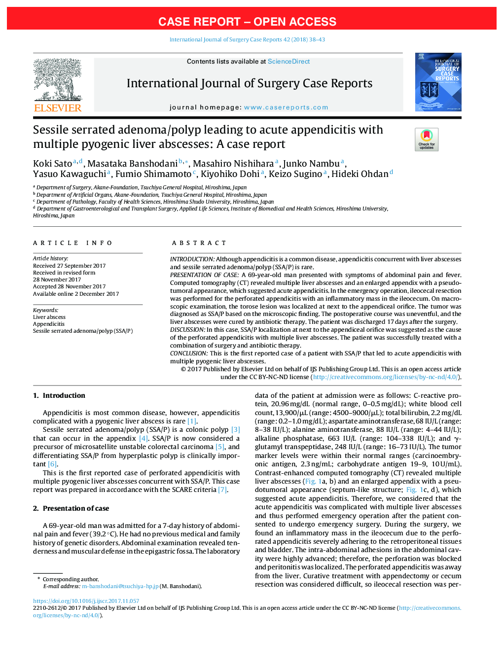 Sessile serrated adenoma/polyp leading to acute appendicitis with multiple pyogenic liver abscesses: A case report