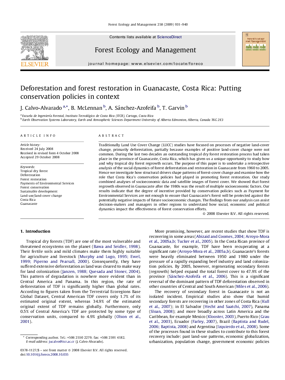 Deforestation and forest restoration in Guanacaste, Costa Rica: Putting conservation policies in context