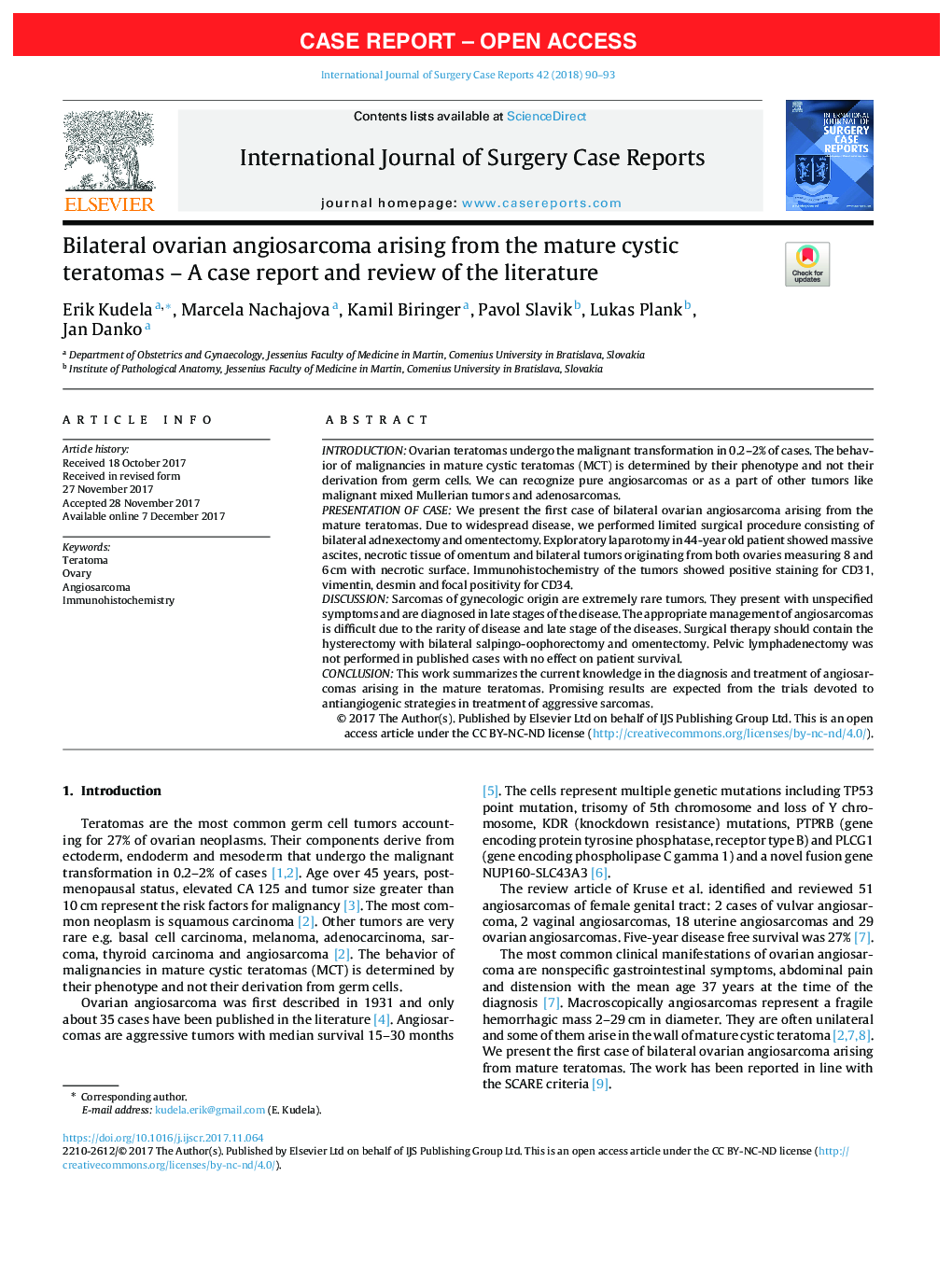 Bilateral ovarian angiosarcoma arising from the mature cystic teratomas - A case report and review of the literature