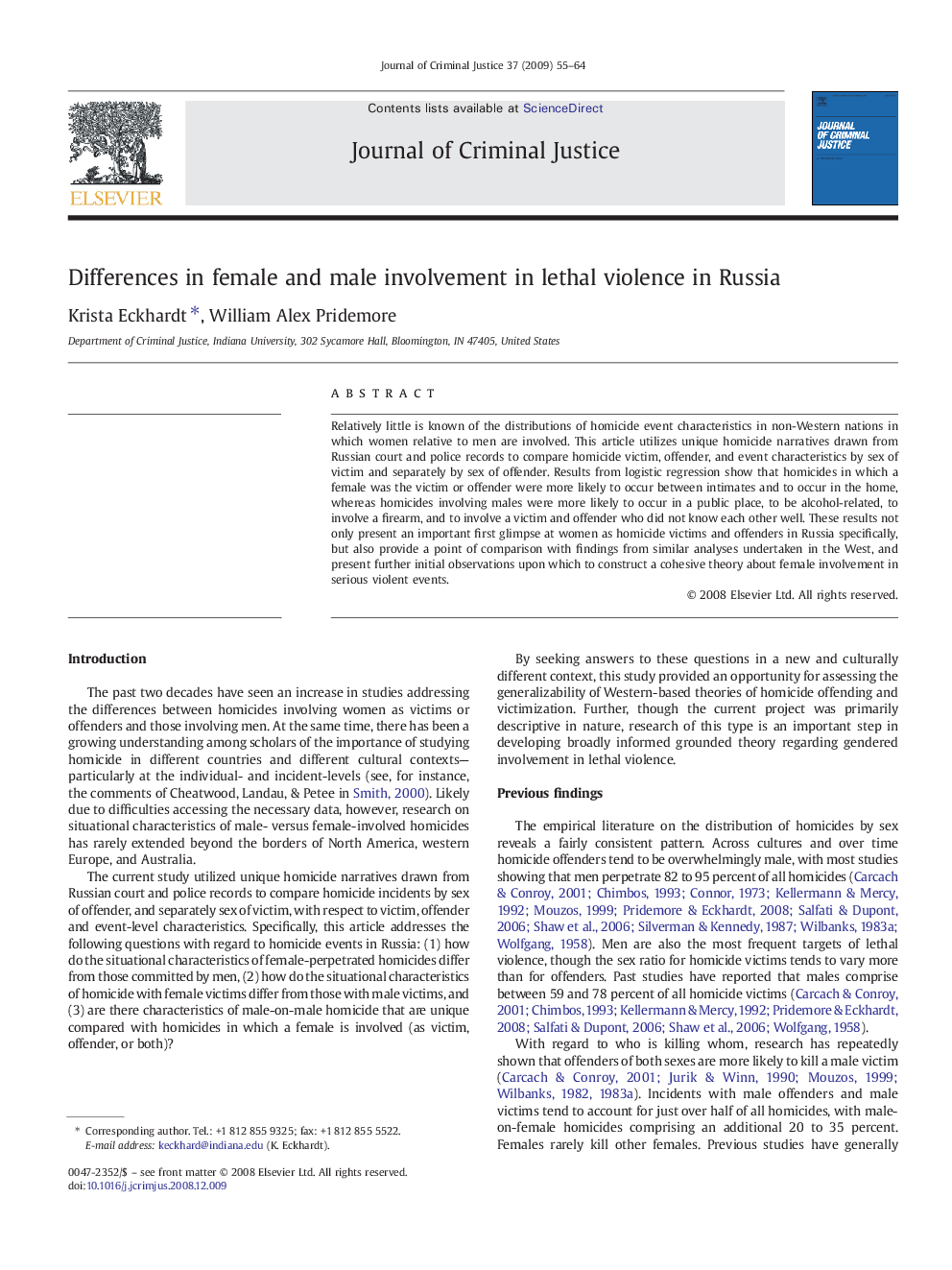 Differences in female and male involvement in lethal violence in Russia
