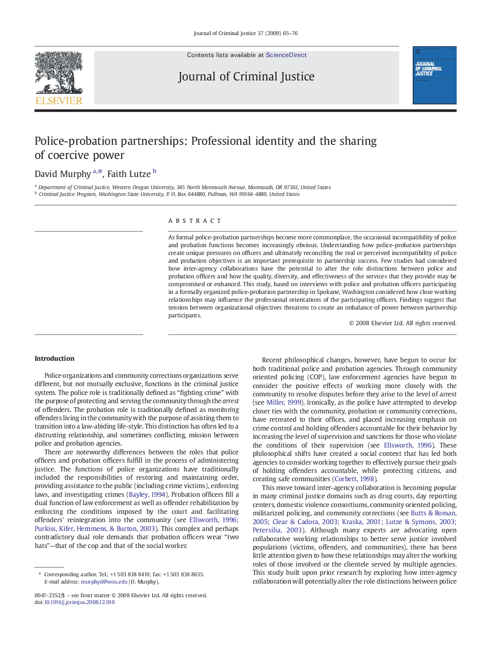 Police-probation partnerships: Professional identity and the sharing of coercive power