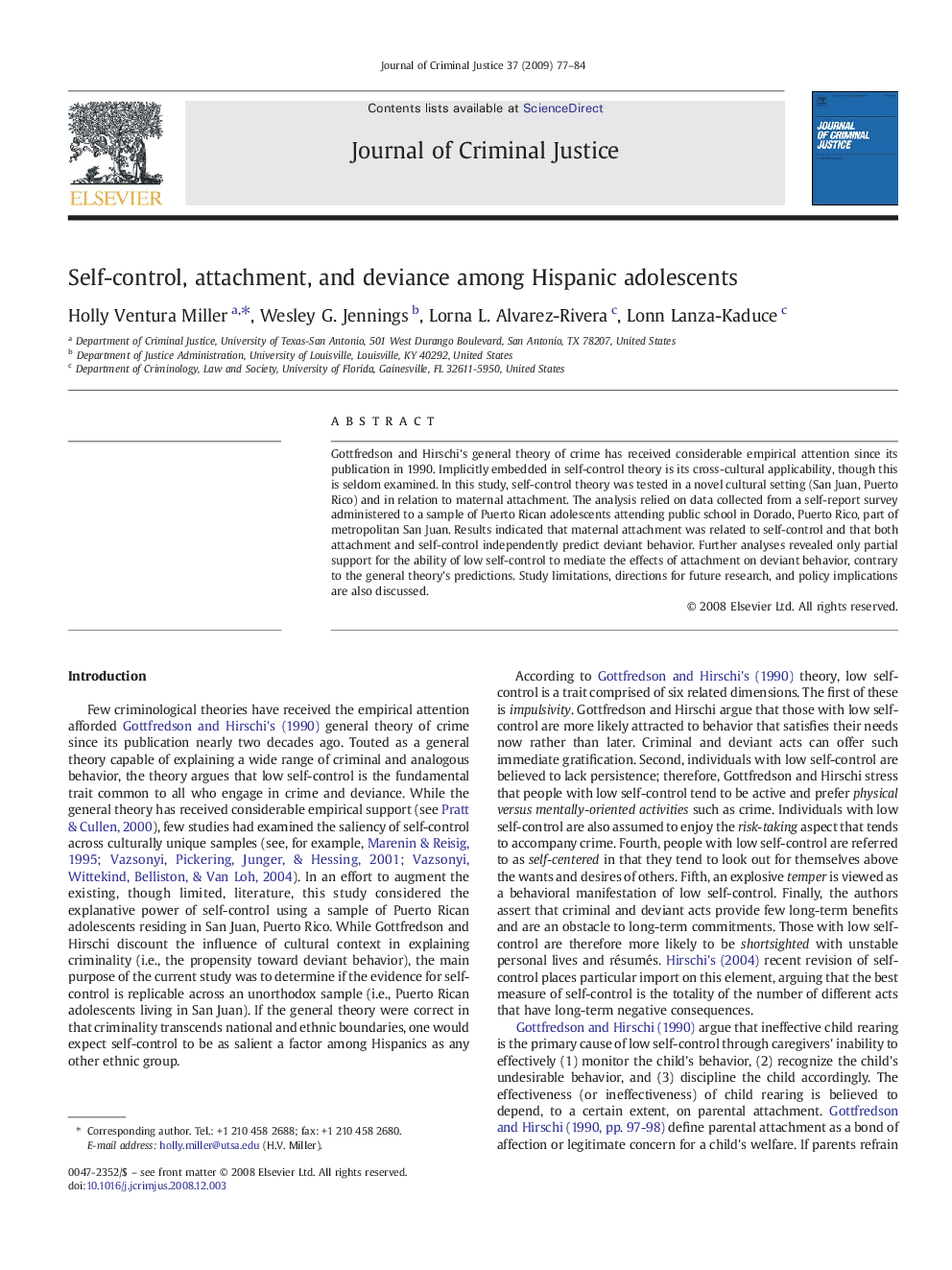 Self-control, attachment, and deviance among Hispanic adolescents