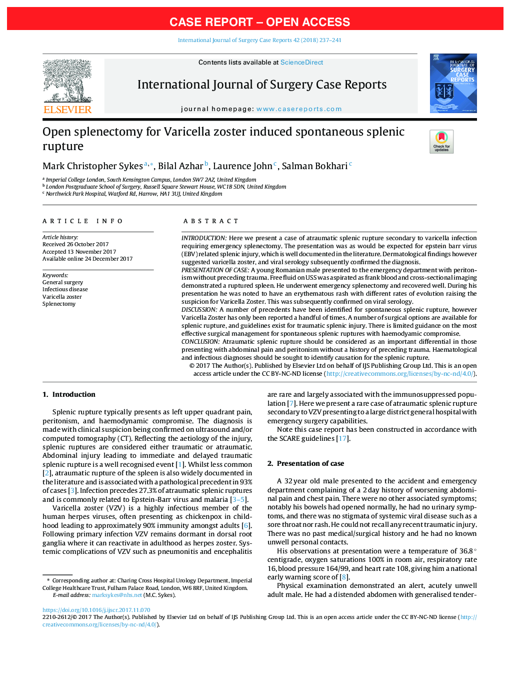 Open splenectomy for Varicella zoster induced spontaneous splenic rupture