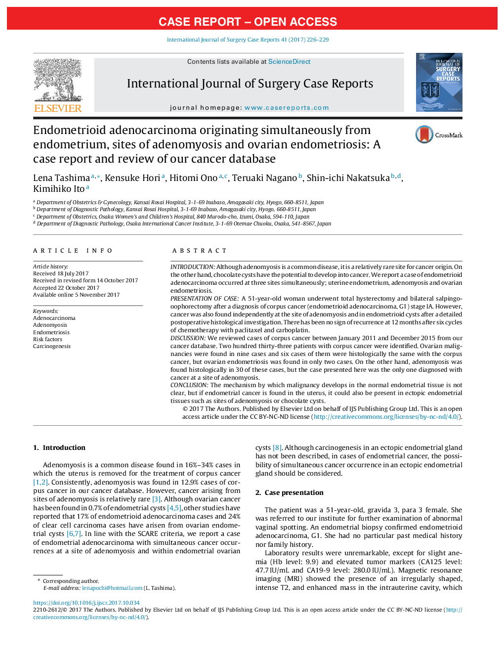 Endometrioid adenocarcinoma originating simultaneously from endometrium, sites of adenomyosis and ovarian endometriosis: A case report and review of our cancer database