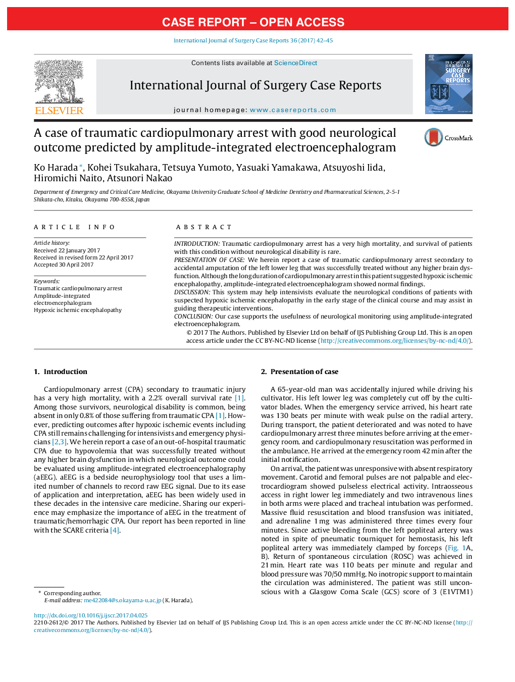 A case of traumatic cardiopulmonary arrest with good neurological outcome predicted by amplitude-integrated electroencephalogram