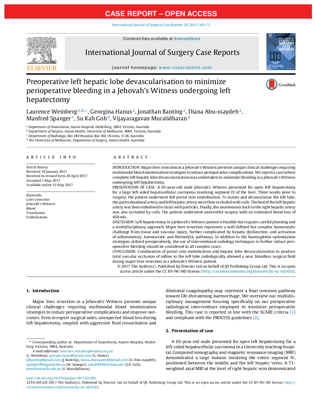 Preoperative left hepatic lobe devascularisation to minimize perioperative bleeding in a Jehovah's Witness undergoing left hepatectomy