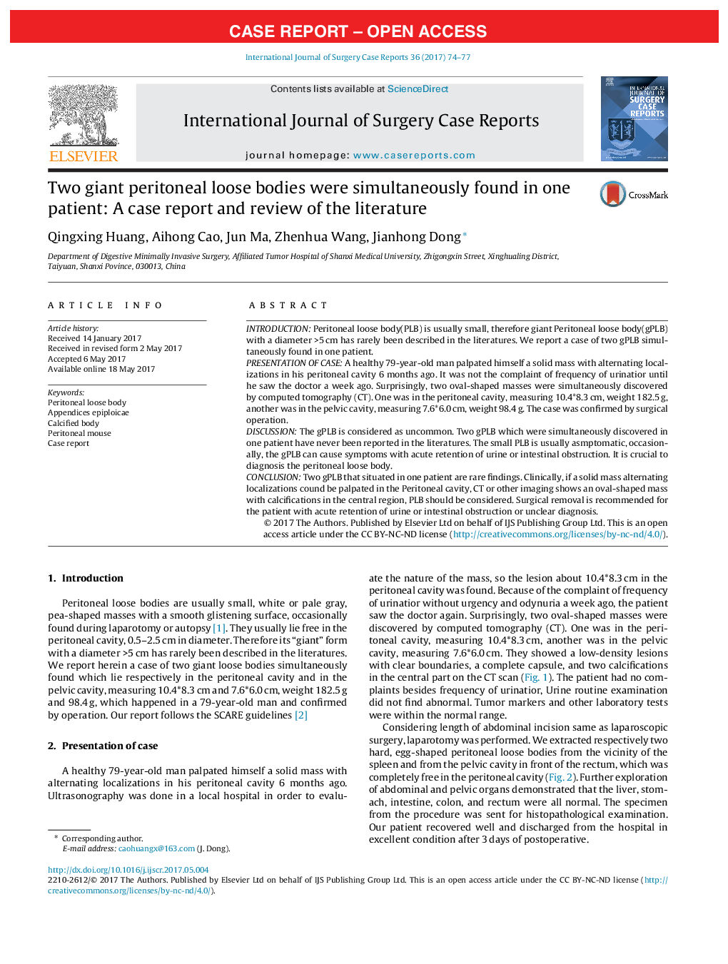 Two giant peritoneal loose bodies were simultaneously found in one patient: A case report and review of the literature