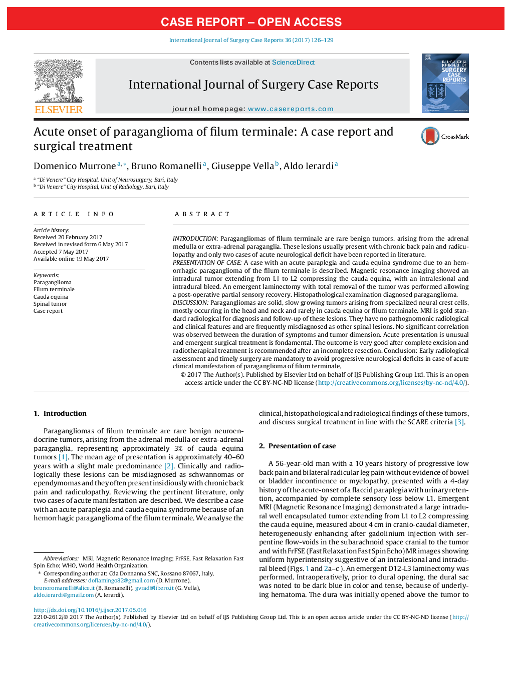 Acute onset of paraganglioma of filum terminale: A case report and surgical treatment