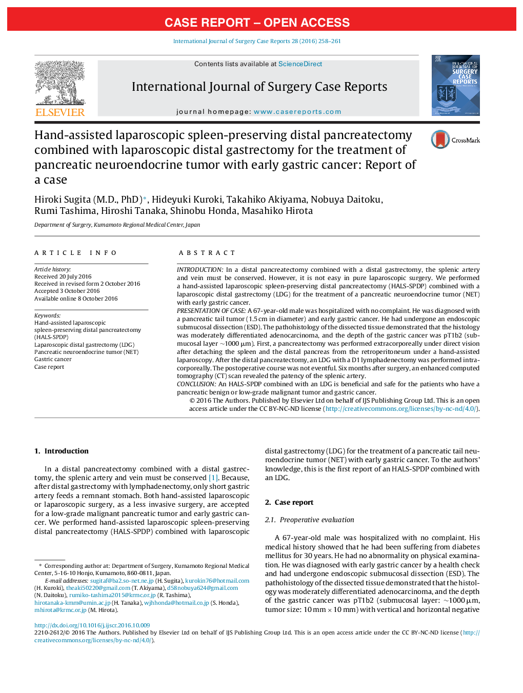 Hand-assisted laparoscopic spleen-preserving distal pancreatectomy combined with laparoscopic distal gastrectomy for the treatment of pancreatic neuroendocrine tumor with early gastric cancer: Report of a case