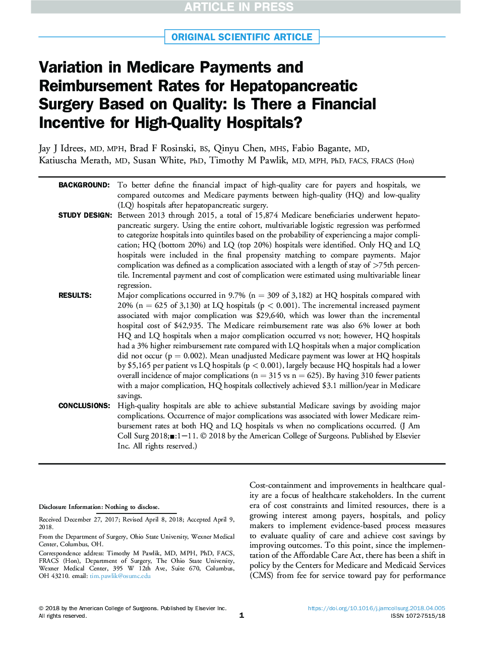 Variation in Medicare Payments and Reimbursement Rates for Hepatopancreatic Surgery Based on Quality: Is There a Financial IncentiveÂ for High-Quality Hospitals?