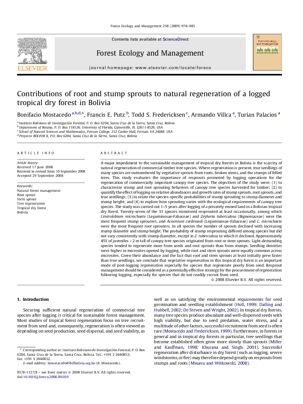 Contributions of root and stump sprouts to natural regeneration of a logged tropical dry forest in Bolivia