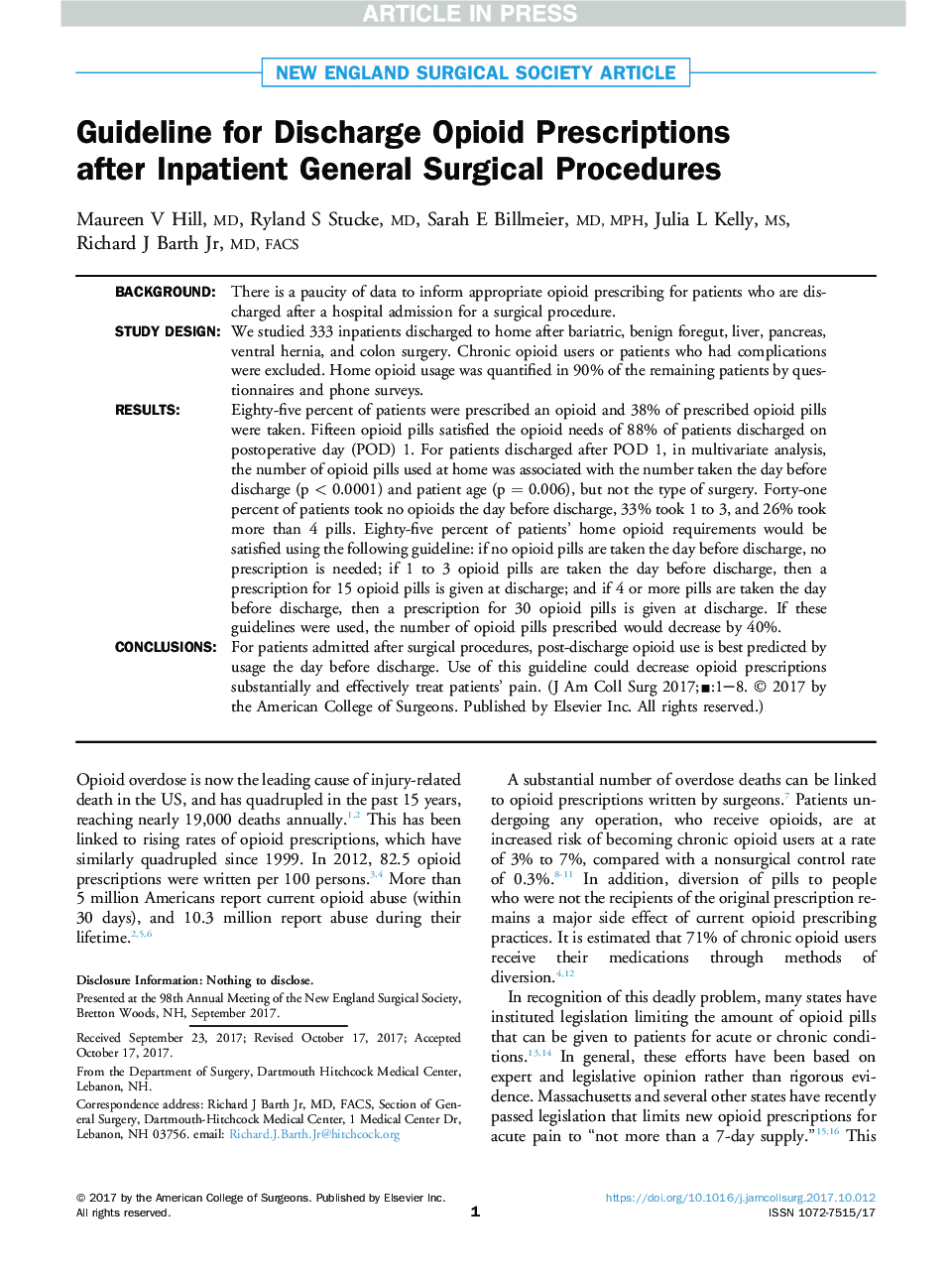 Guideline for Discharge Opioid Prescriptions after Inpatient General Surgical Procedures