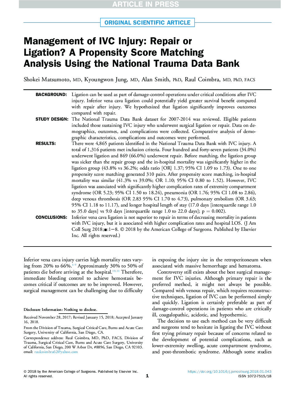 Management of IVC Injury: Repair or Ligation? A Propensity Score Matching Analysis Using the National Trauma Data Bank