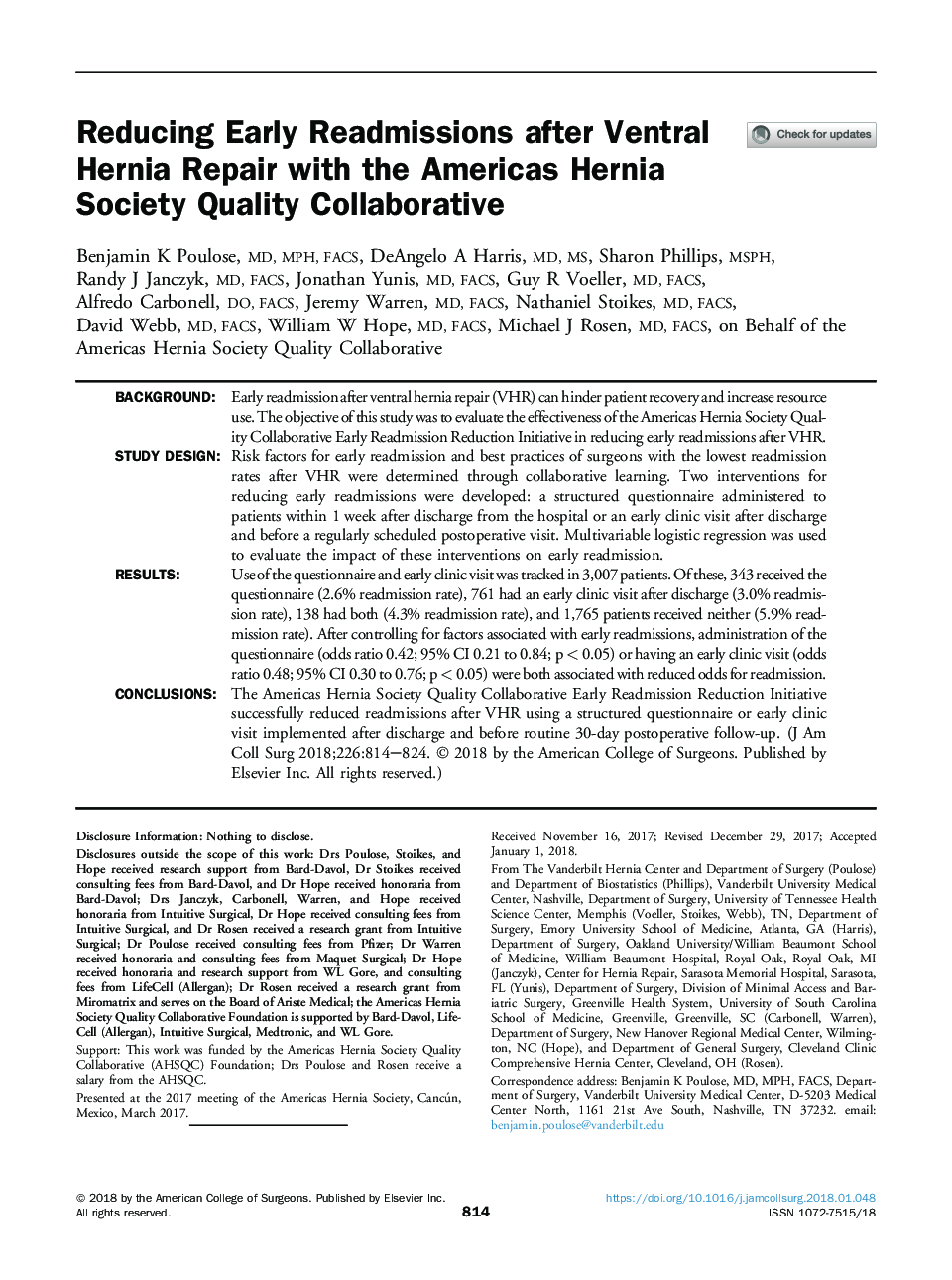 Reducing Early Readmissions after Ventral Hernia Repair with the Americas Hernia Society Quality Collaborative