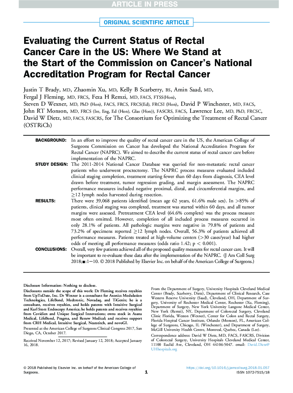 ارزیابی وضعیت کنونی مراقبت از سرطان رکتوم در ایالات متحده: جایی که ما در شروع کمیسیون برنامه ملی اعتباربخشی سرطان در سرطان رکتوم 