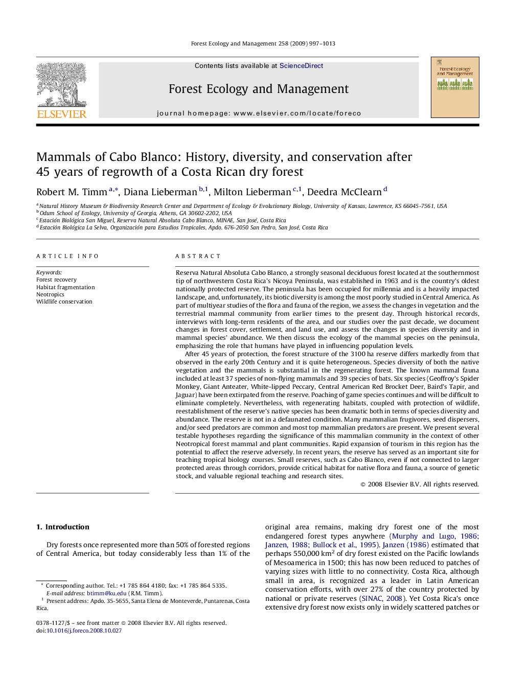 Mammals of Cabo Blanco: History, diversity, and conservation after 45 years of regrowth of a Costa Rican dry forest