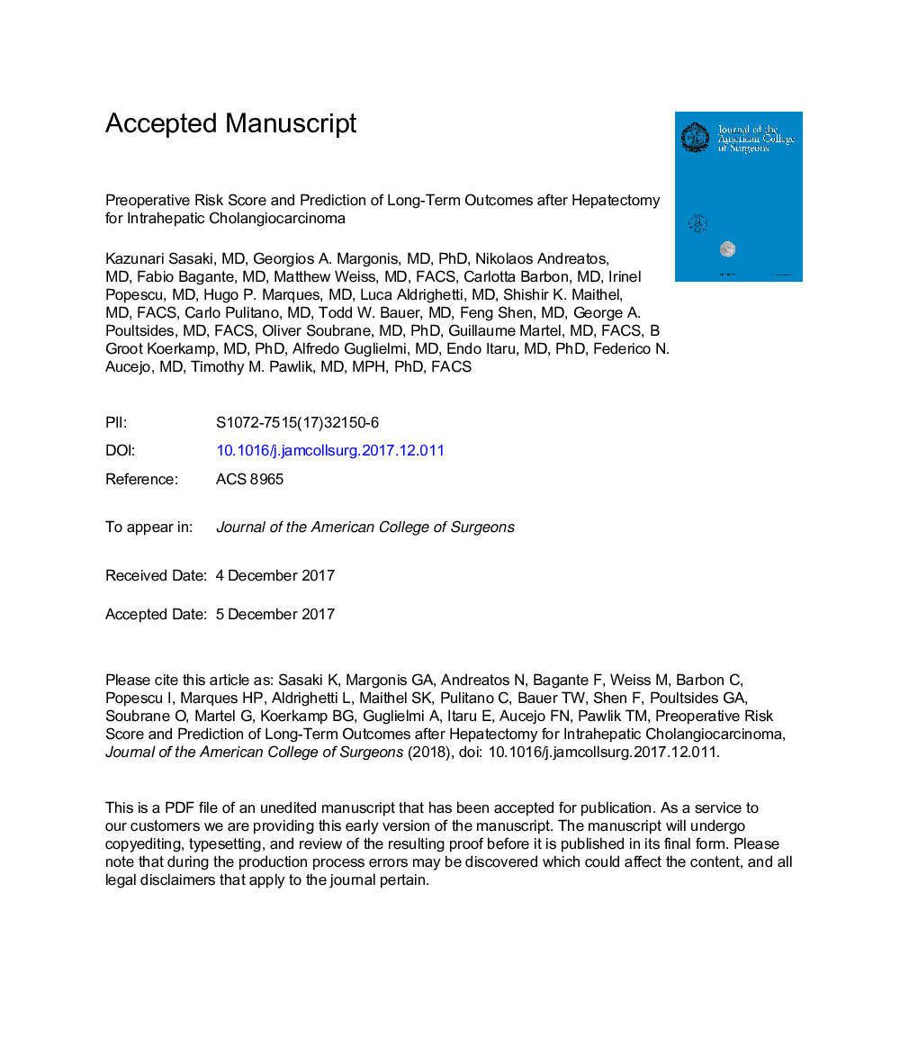 Preoperative Risk Score and Prediction of Long-Term Outcomes after Hepatectomy for Intrahepatic Cholangiocarcinoma