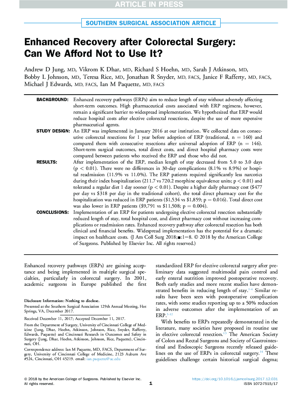 Enhanced Recovery after Colorectal Surgery: Can We Afford Not to Use It?
