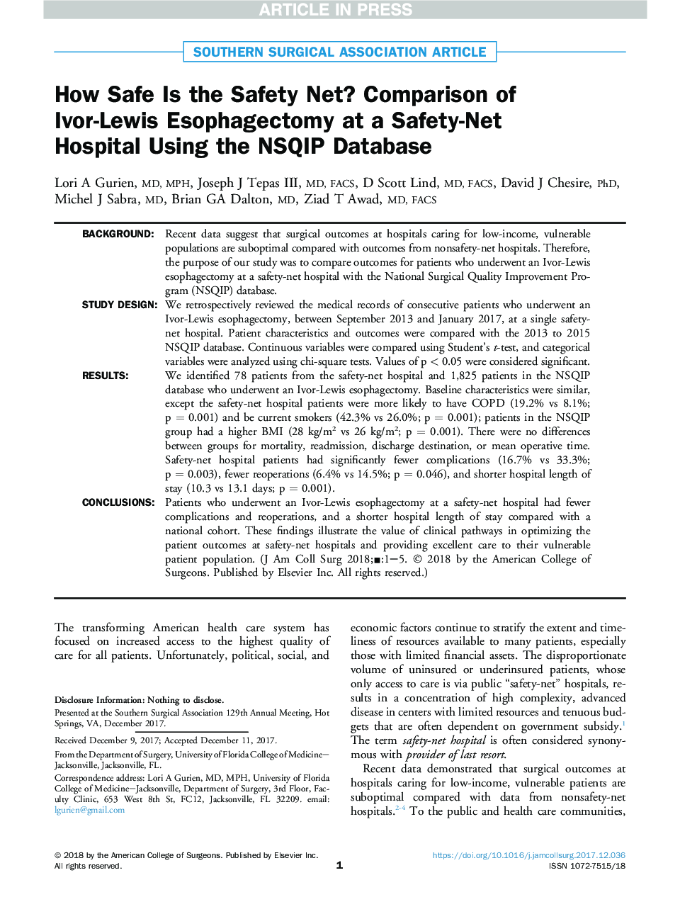 How Safe Is the Safety Net? Comparison of Ivor-Lewis Esophagectomy at a Safety-Net Hospital Using the NSQIP Database
