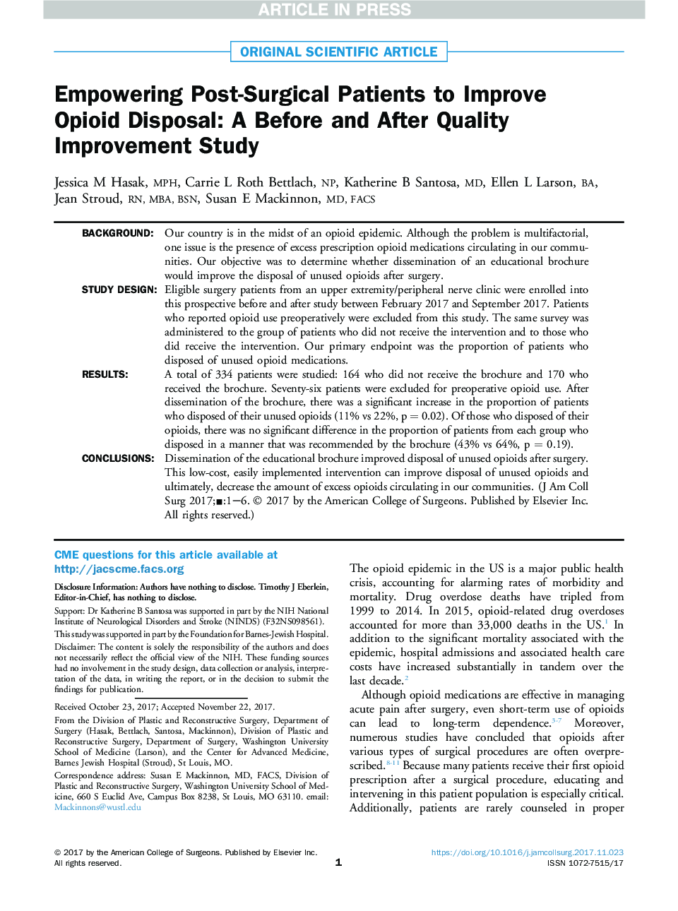 Empowering Post-Surgical Patients to Improve Opioid Disposal: A Before and After Quality Improvement Study