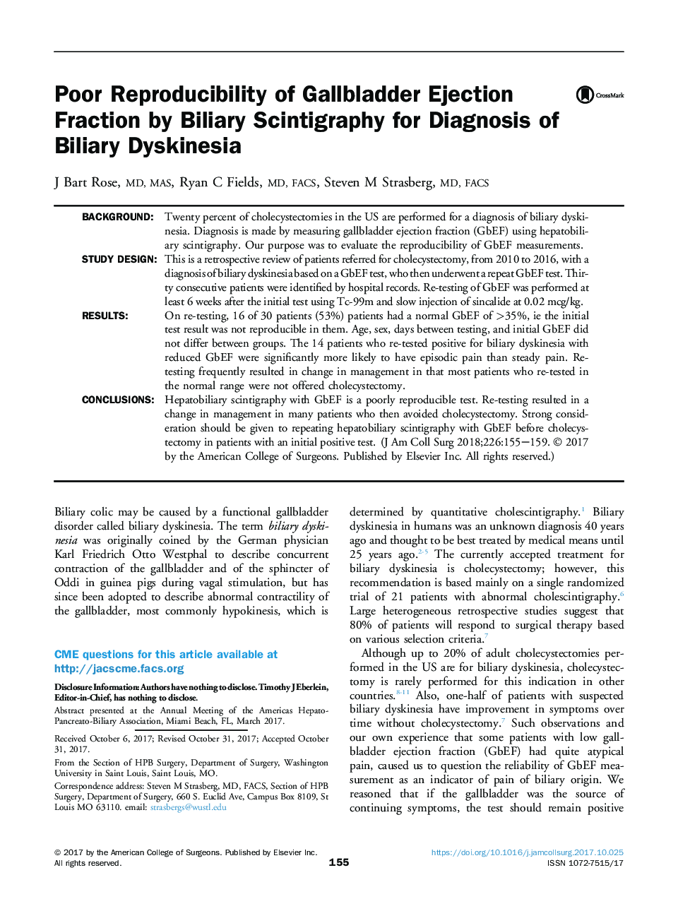 Poor Reproducibility of Gallbladder Ejection Fraction by Biliary Scintigraphy for Diagnosis of Biliary Dyskinesia