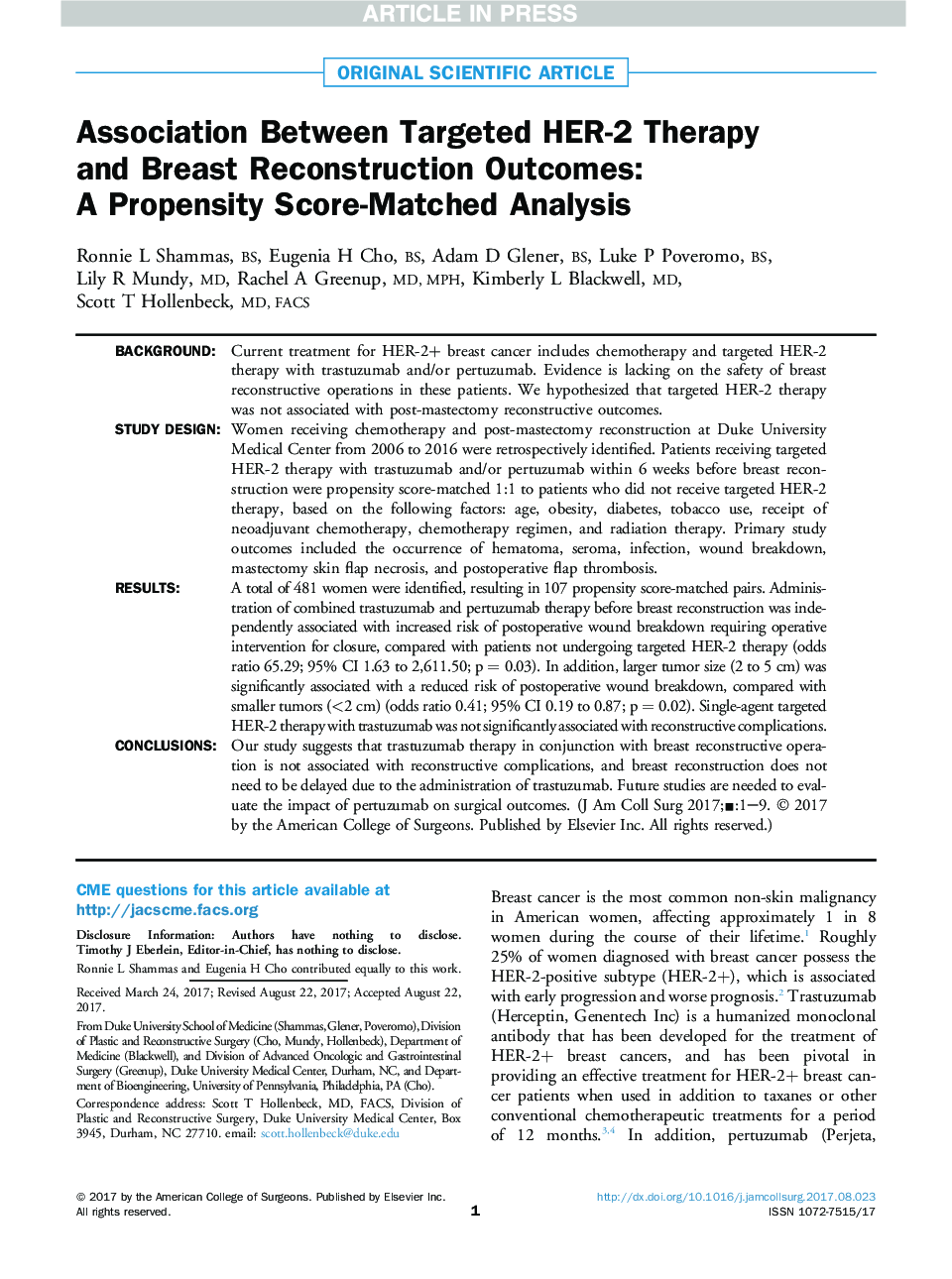 Association Between Targeted HER-2 Therapy and Breast Reconstruction Outcomes: AÂ Propensity Score-Matched Analysis