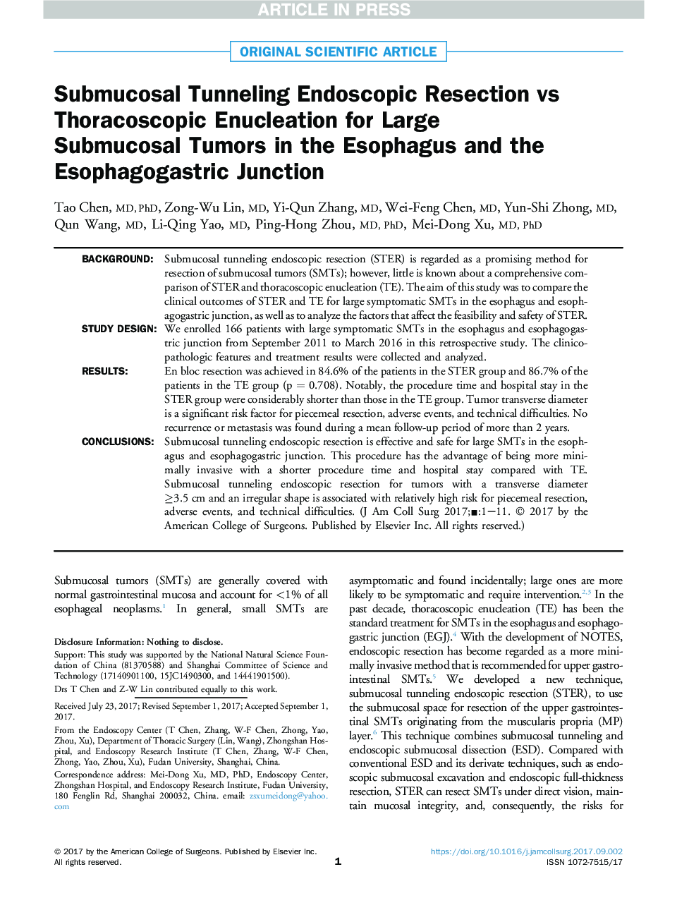 Submucosal Tunneling Endoscopic Resection vs Thoracoscopic Enucleation for Large Submucosal Tumors in the Esophagus and the Esophagogastric Junction