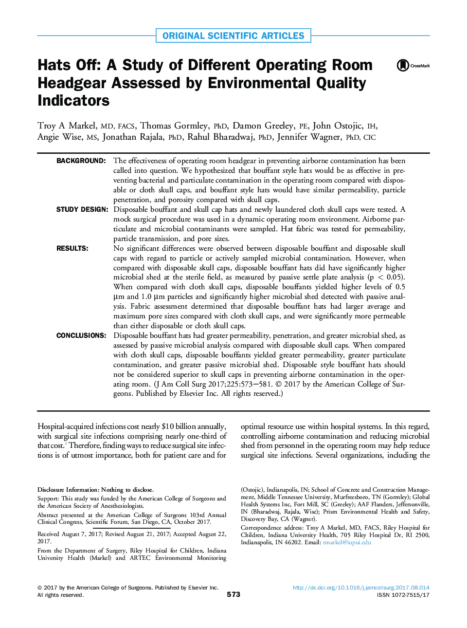 Hats Off: A Study of Different Operating Room Headgear Assessed by Environmental Quality Indicators