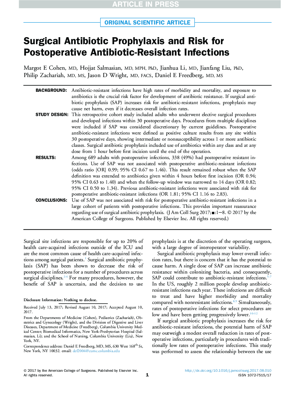 Surgical Antibiotic Prophylaxis and Risk for Postoperative Antibiotic-Resistant Infections