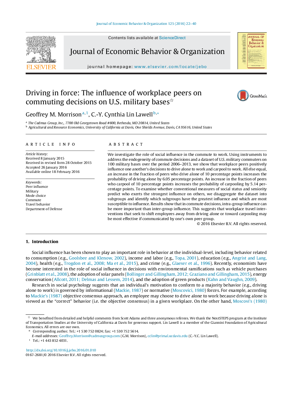 Driving in force: The influence of workplace peers on commuting decisions on U.S. military bases 