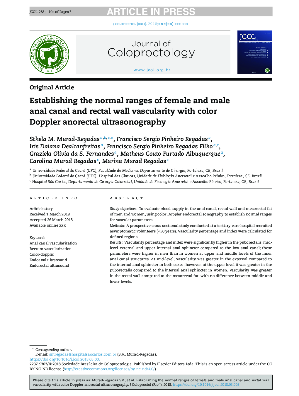 Establishing the normal ranges of female and male anal canal and rectal wall vascularity with color Doppler anorectal ultrasonography