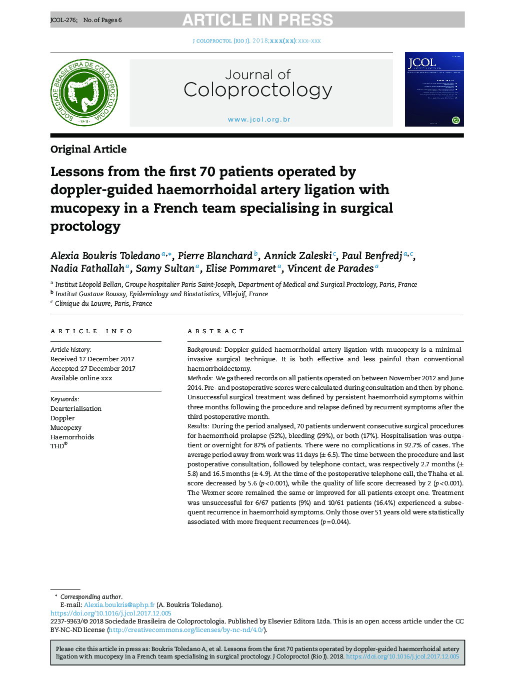 Lessons from the first 70 patients operated by doppler-guided haemorrhoidal artery ligation with mucopexy in a French team specialising in surgical proctology