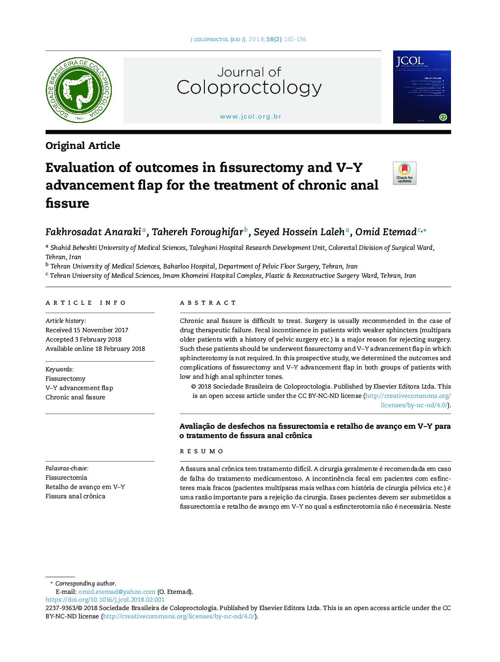 Evaluation of outcomes in fissurectomy and V-Y advancement flap for the treatment of chronic anal fissure