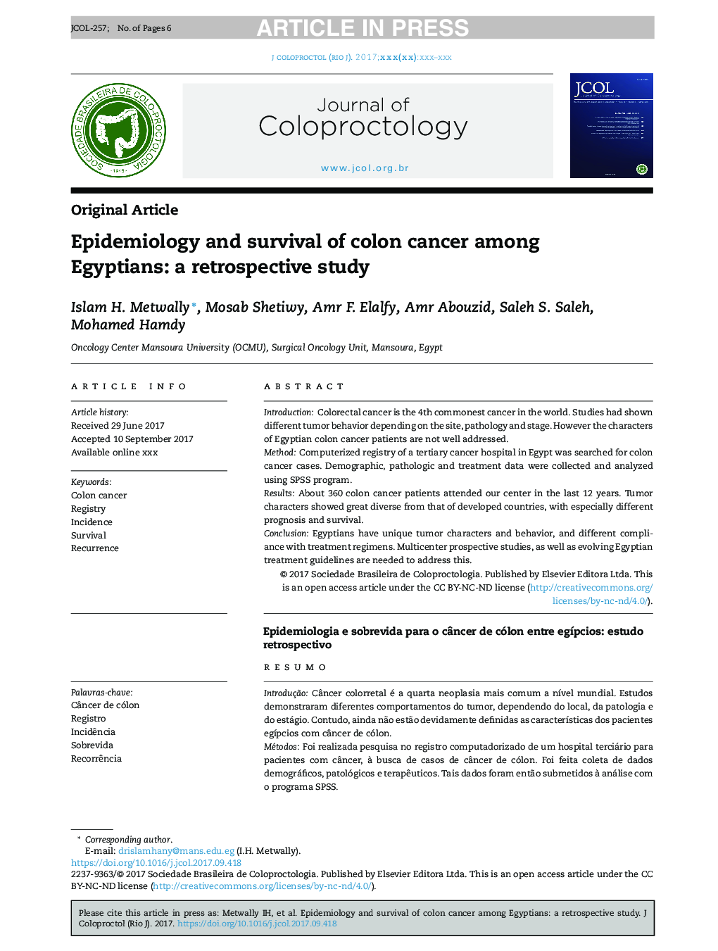 Epidemiology and survival of colon cancer among Egyptians: a retrospective study