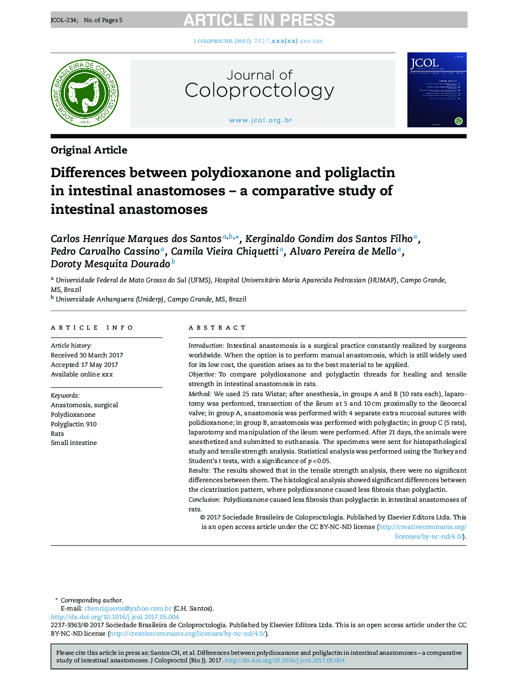 Differences between polydioxanone and poliglactin in intestinal anastomoses - a comparative study of intestinal anastomoses