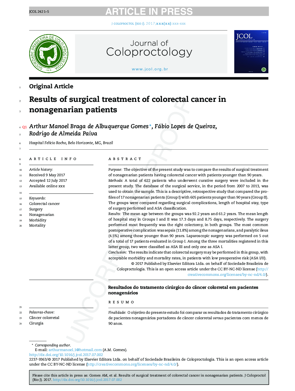 Results of surgical treatment of colorectal cancer in nonagenarian patients