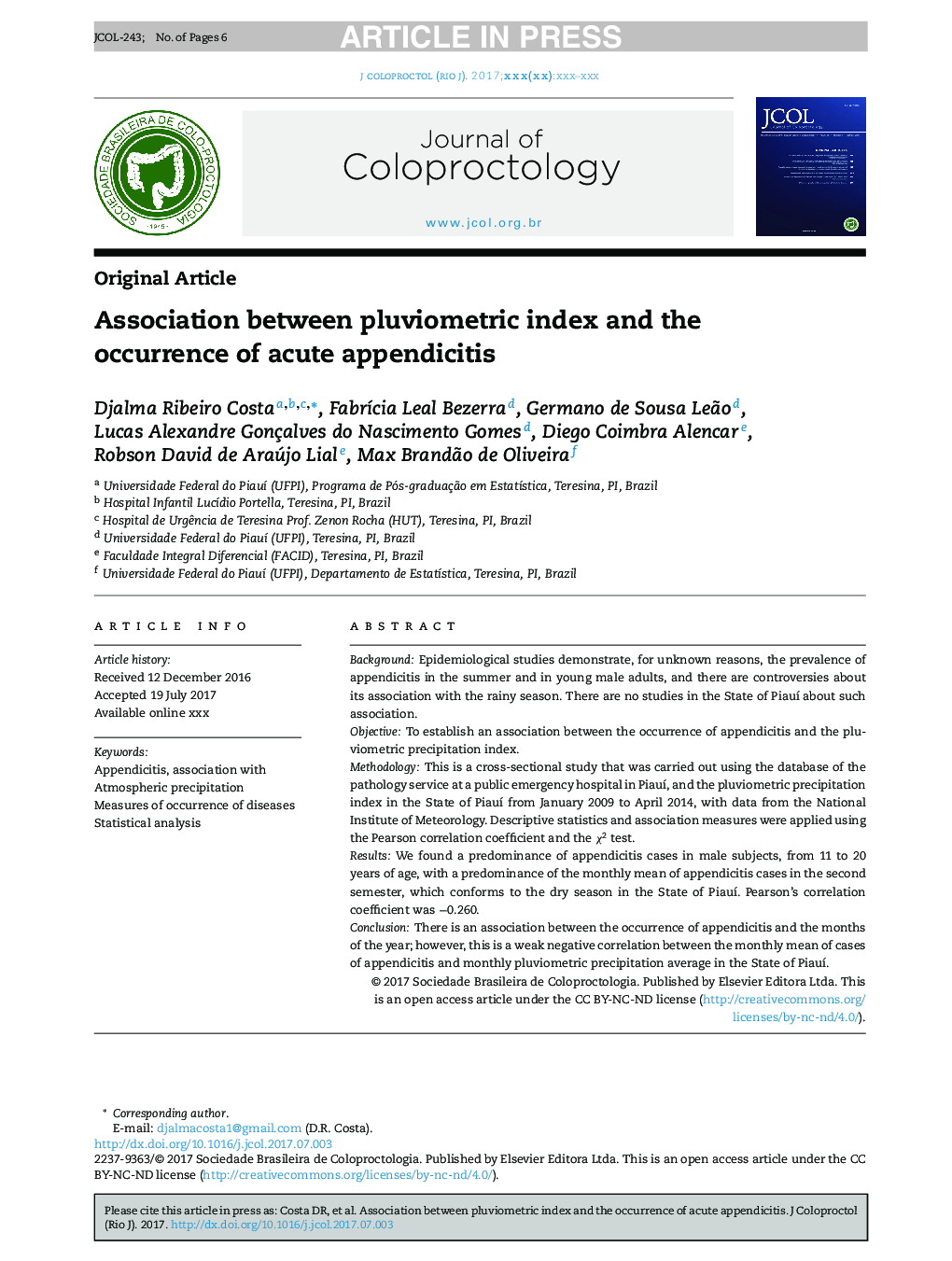 Association between pluviometric index and the occurrence of acute appendicitis