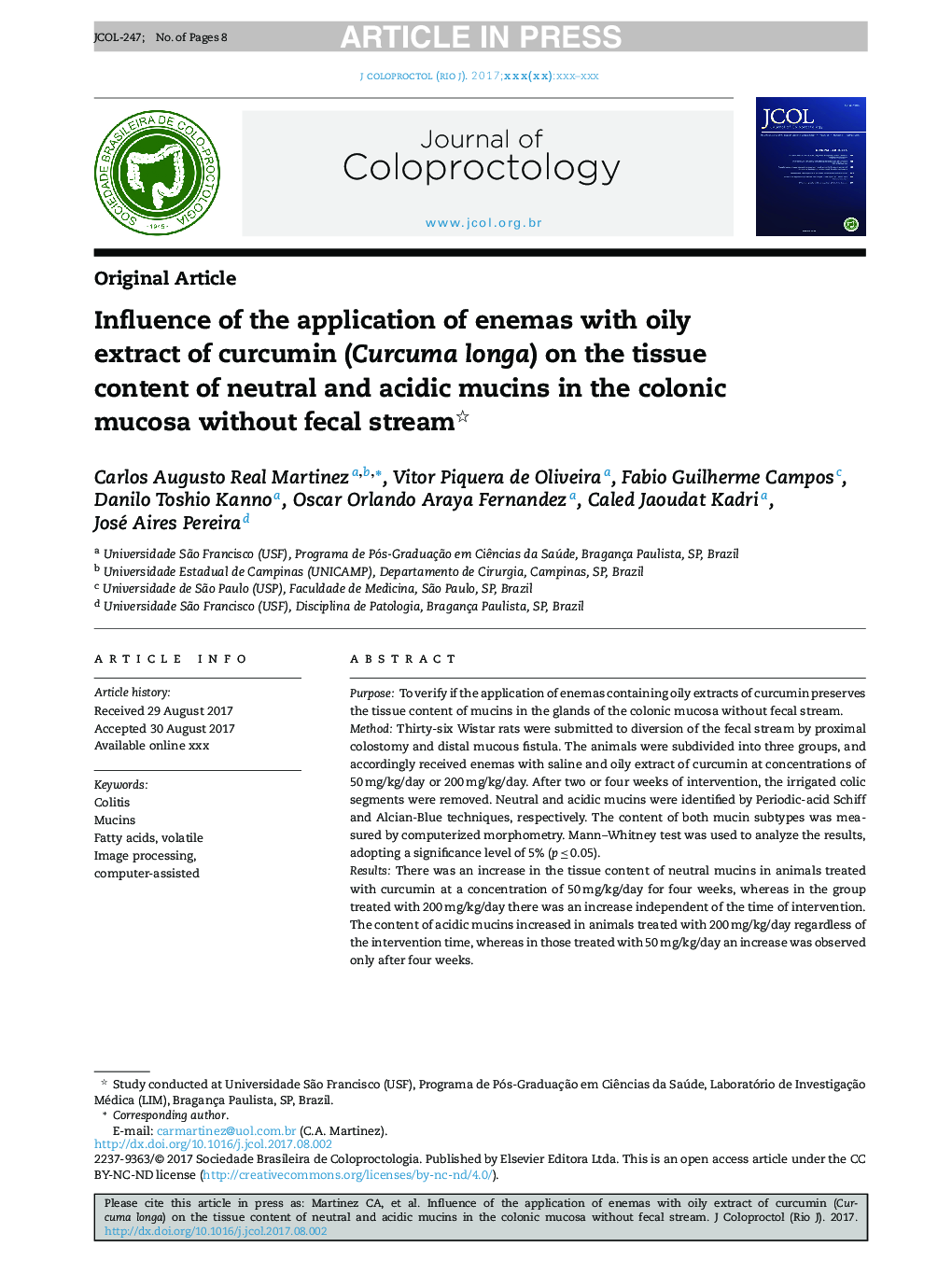 Influence of the application of enemas with oily extract of curcumin (Curcuma longa) on the tissue content of neutral and acidic mucins in the colonic mucosa without fecal stream