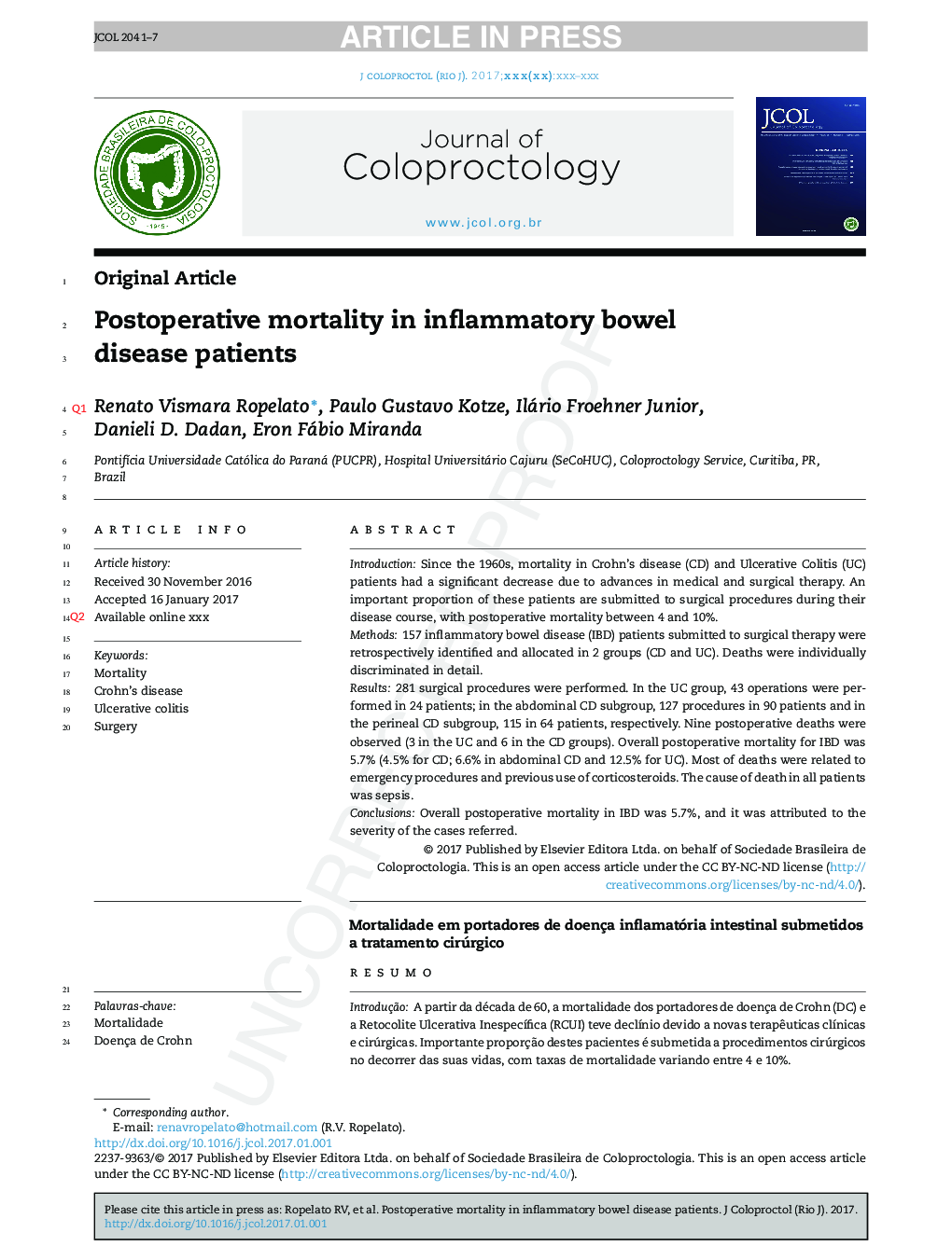 Postoperative mortality in inflammatory bowel disease patients