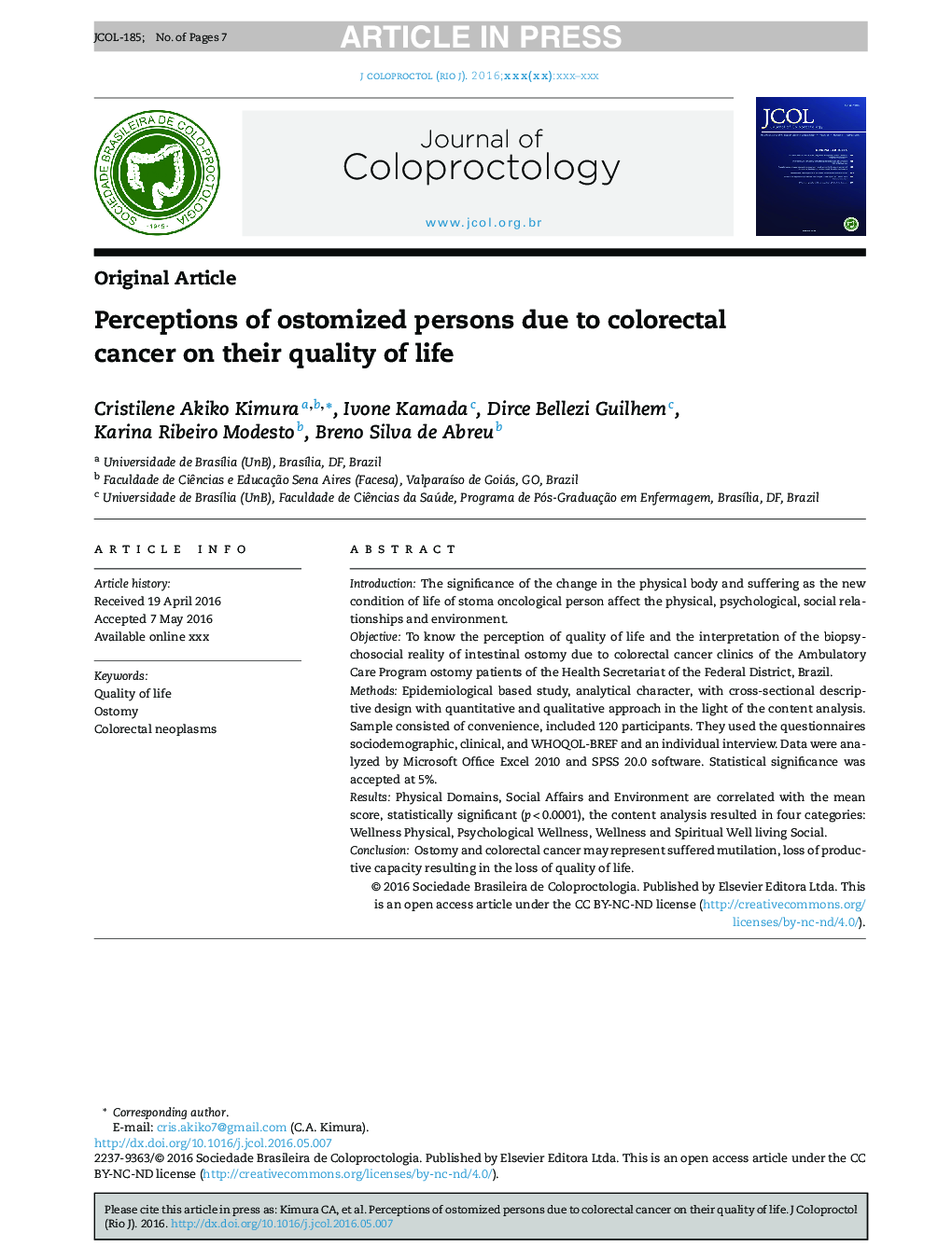 Perceptions of ostomized persons due to colorectal cancer on their quality of life