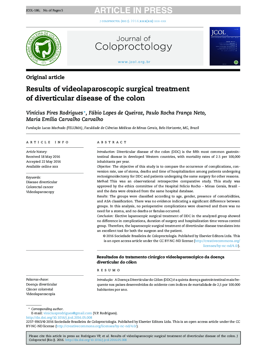 Results of videolaparoscopic surgical treatment of diverticular disease of the colon