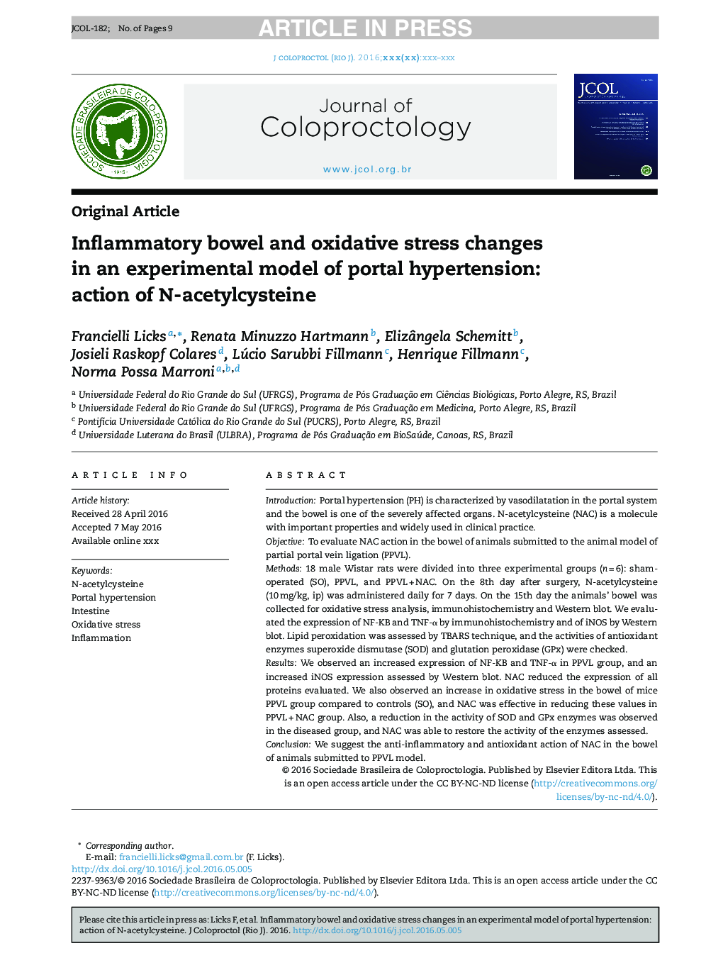 Inflammatory bowel and oxidative stress changes in an experimental model of portal hypertension: action of N-acetylcysteine