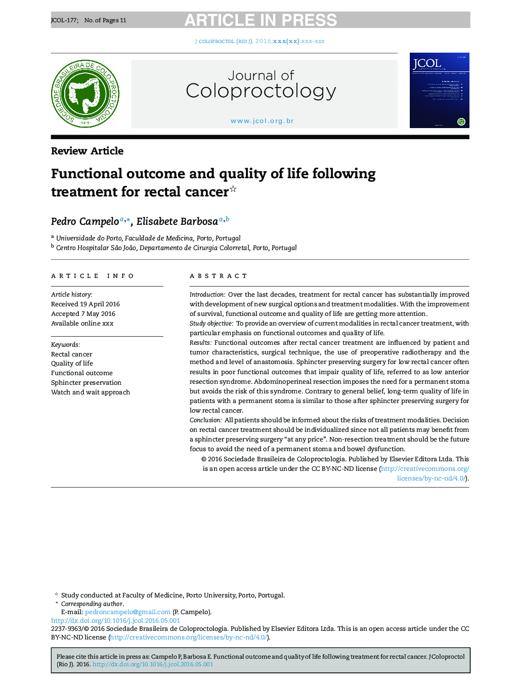 Functional outcome and quality of life following treatment for rectal cancer