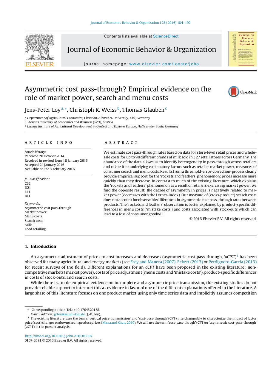 Asymmetric cost pass-through? Empirical evidence on the role of market power, search and menu costs