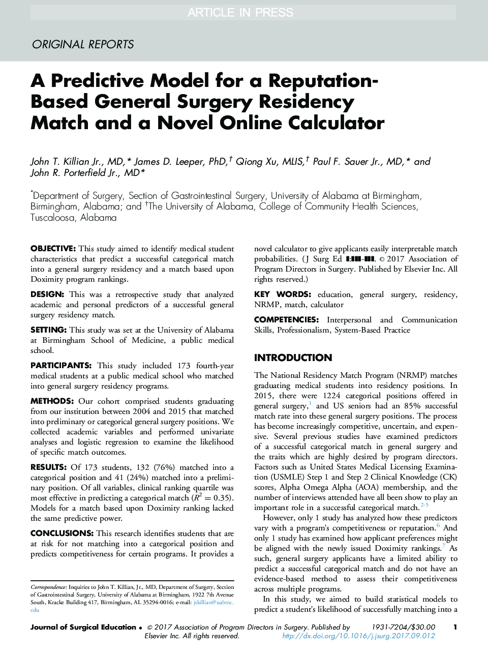 A Predictive Model for a Reputation-Based General Surgery Residency Match and a Novel Online Calculator