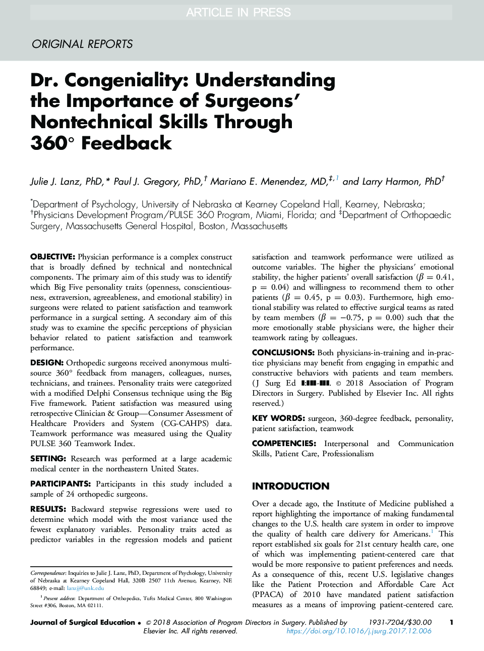 Dr. Congeniality: Understanding the Importance of Surgeons' Nontechnical Skills Through 360Â° Feedback
