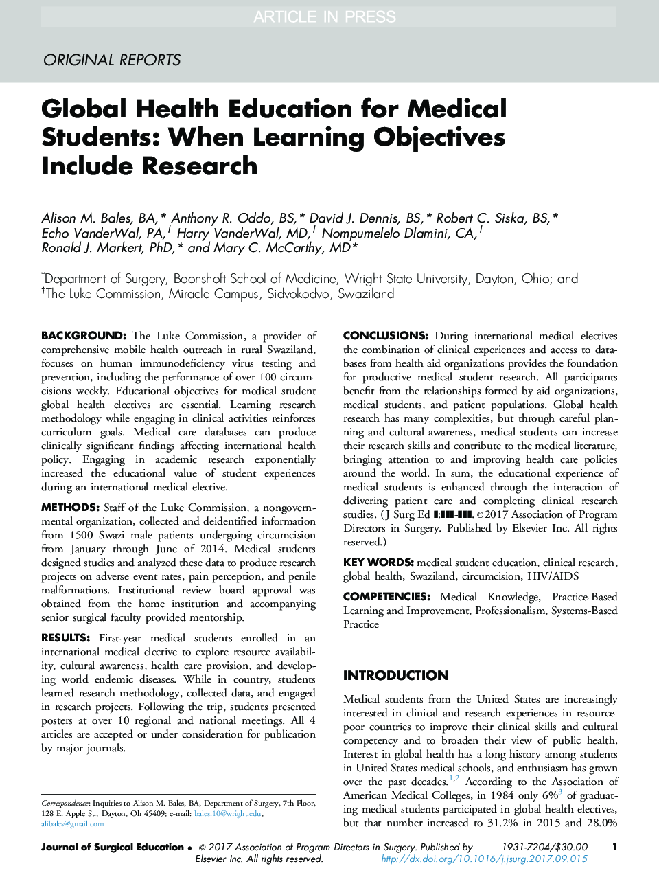 Global Health Education for Medical Students: When Learning Objectives Include Research