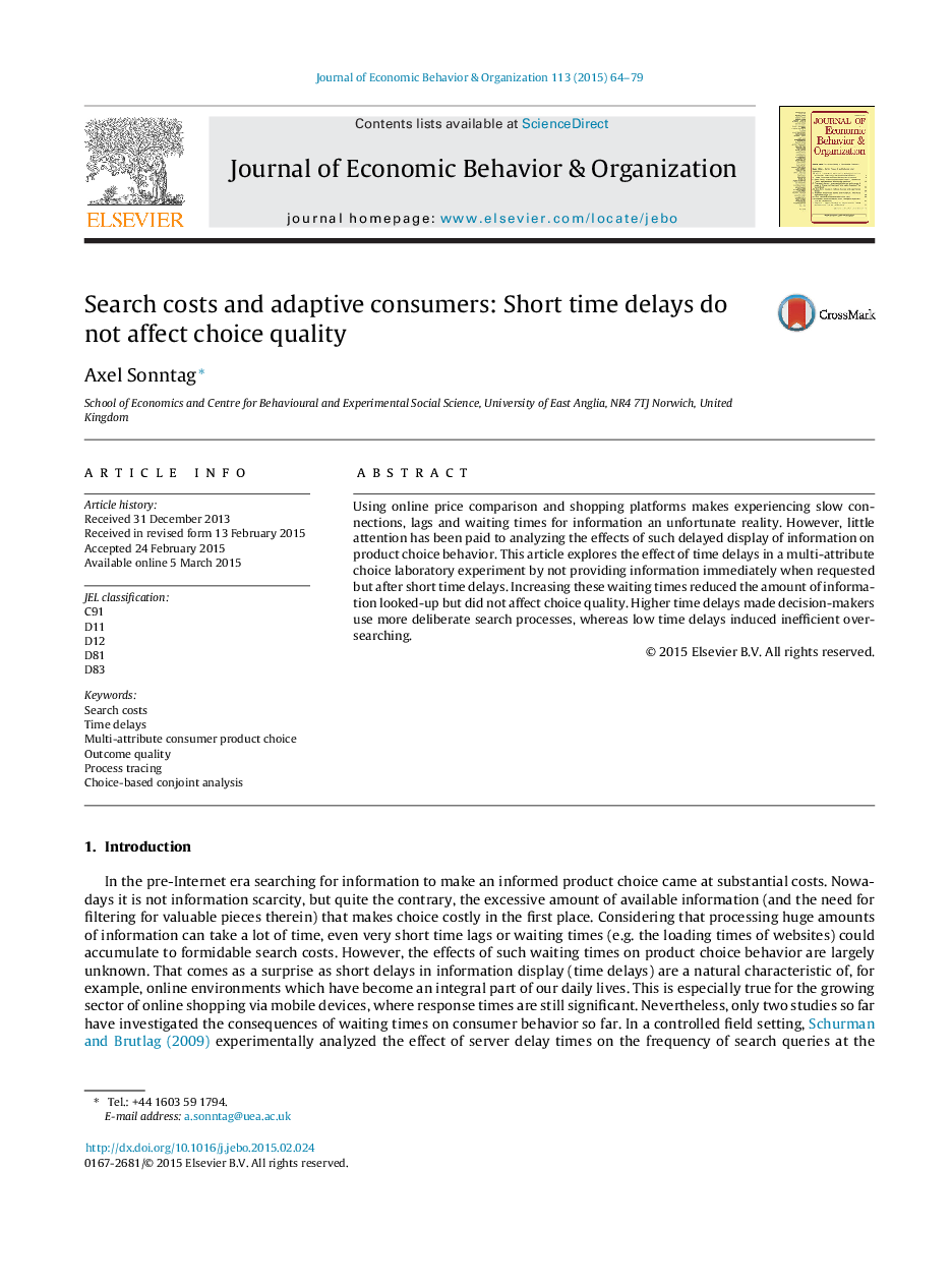 Search costs and adaptive consumers: Short time delays do not affect choice quality