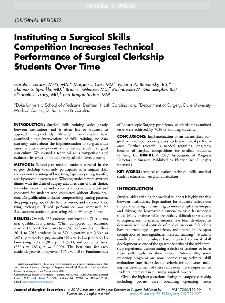 Instituting a Surgical Skills Competition Increases Technical Performance of Surgical Clerkship Students Over Time