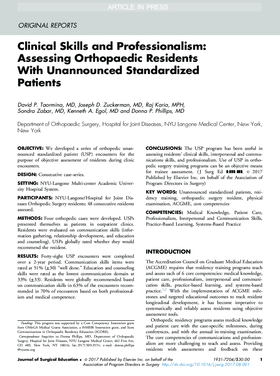 Clinical Skills and Professionalism: Assessing Orthopaedic Residents With Unannounced Standardized Patients